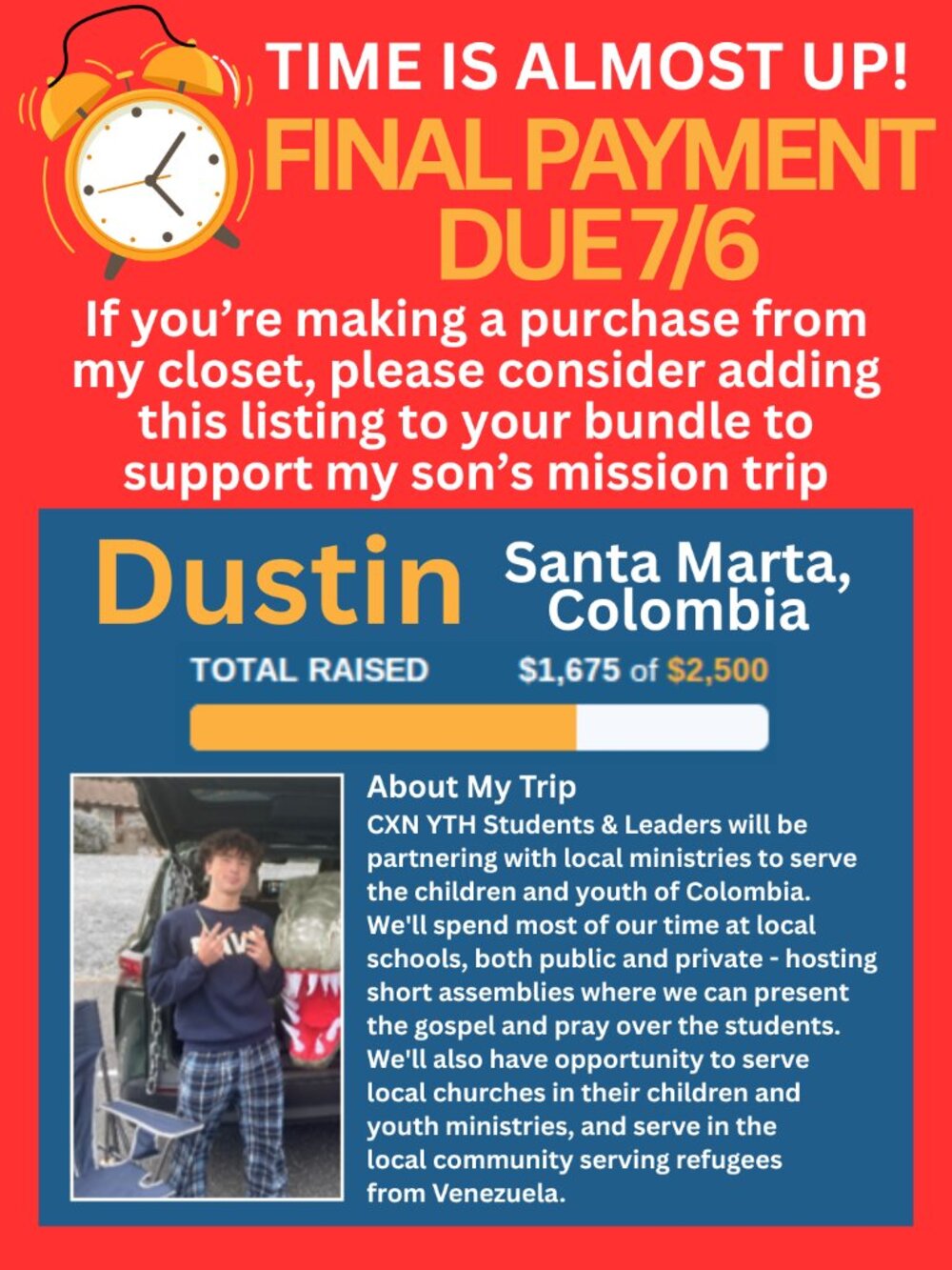 MISSION TRIP SUPPORT for Dustin